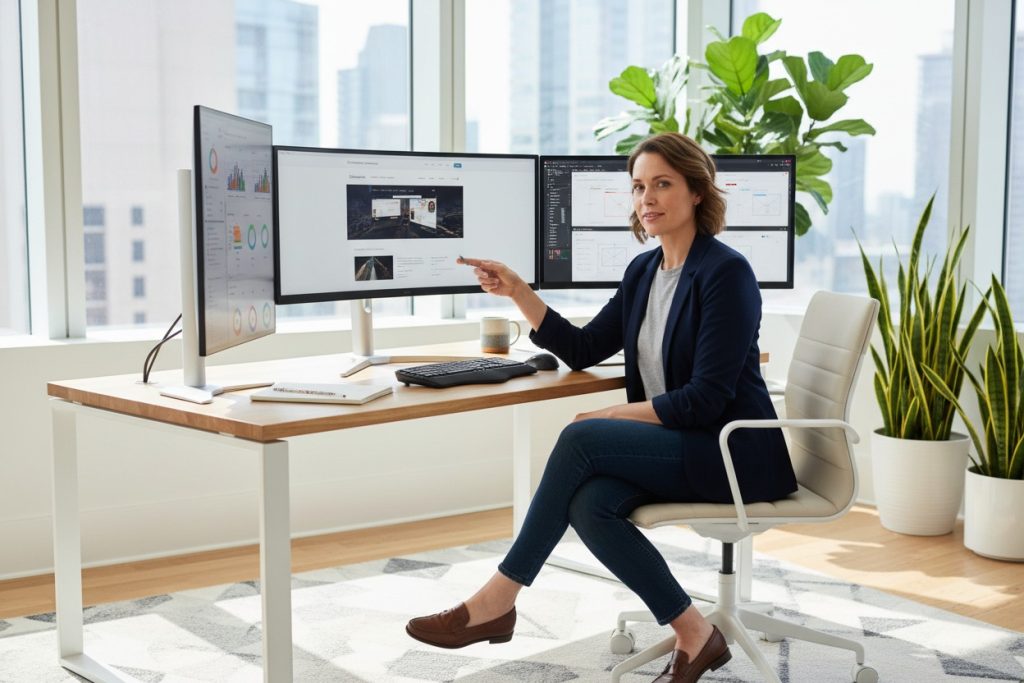 A woman sits at a wooden desk in an office with multiple computer monitors, pointing at the screen in front of her.