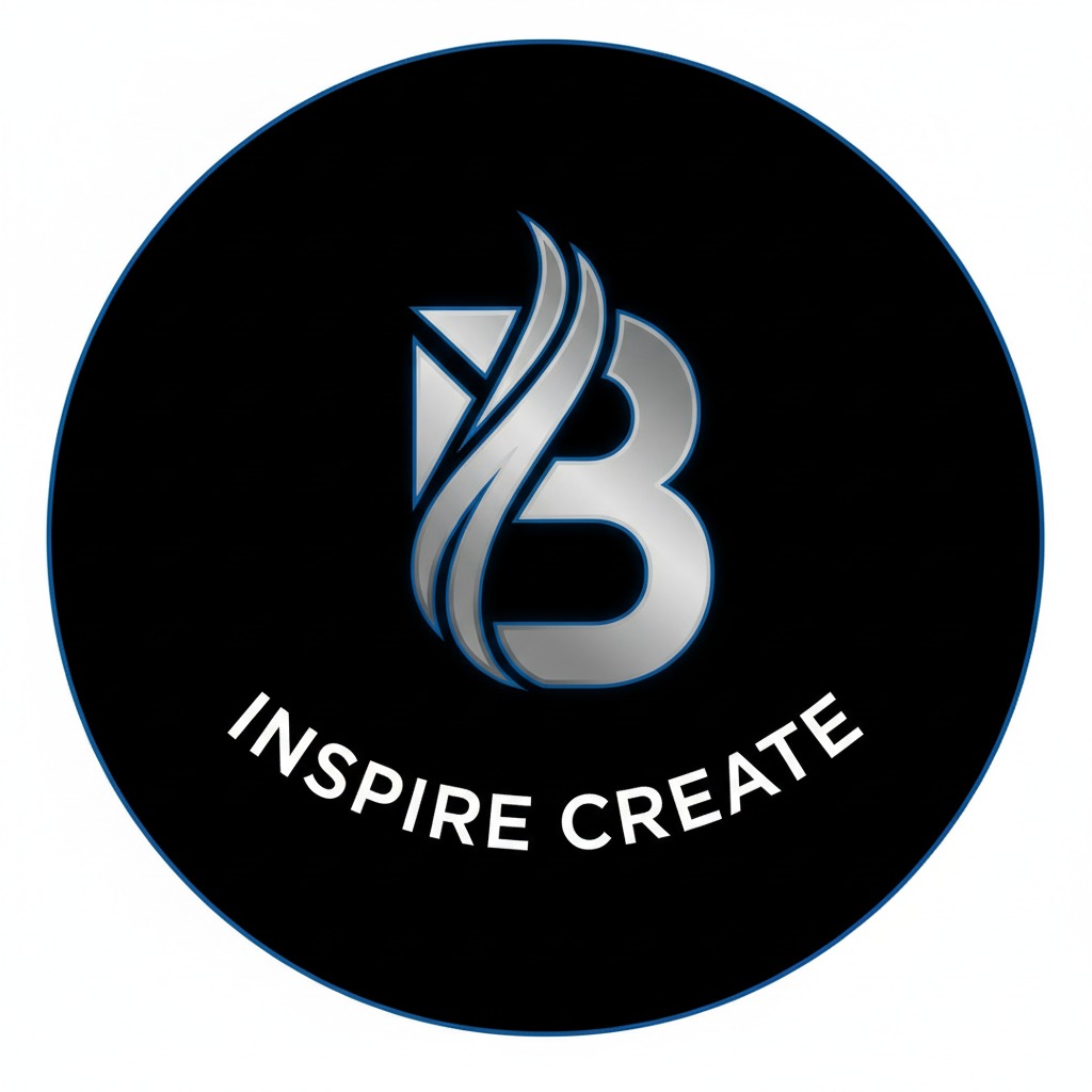 A circular logo with a black background features a metallic letter B intertwined with flame-like curves, and the white text INSPIRE CREATE curved along the bottom.