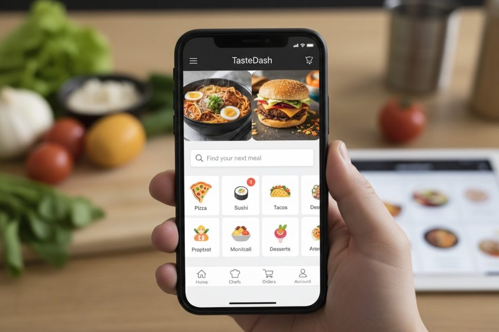A person holds a smartphone displaying the TasteDash food delivery app with icons for pizza, sushi, tacos, and desserts on the screen.